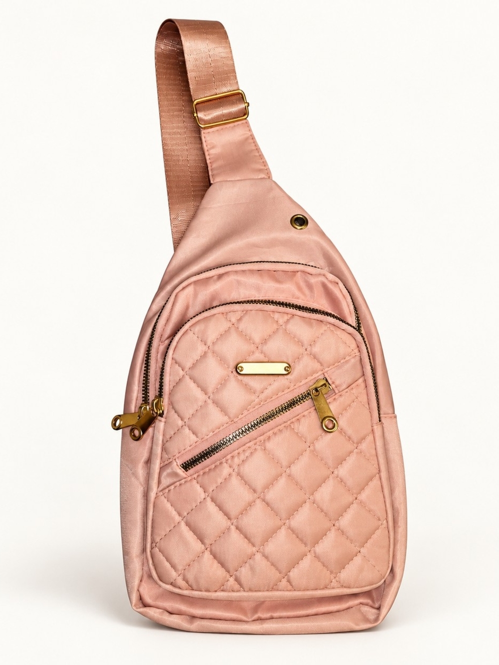 Pink Quilted Sling Bag Crossbody Backpack Adjustable Strap Gold Tone Zippers